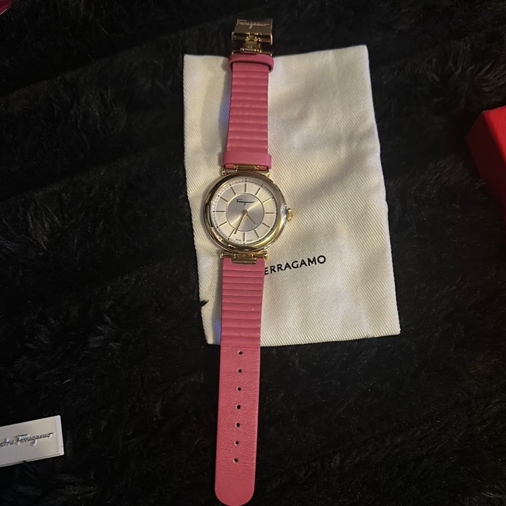 Salvatore Ferragamo Pink and Gold Watch with Minimalist Design